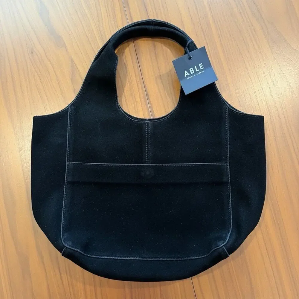 ABLE Jenifer Shopper Black Leather Suede Tote Shoulder Bag Casual Chic NWT